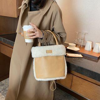 Faux Leather Fleece Trim Bucket Bag