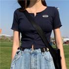 Short-sleeve Ribbed Button-up Top