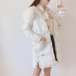 Flower Embroidered Hooded Padded Zip Coat