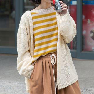 Plain Open-front Cardigan Beige - One Size