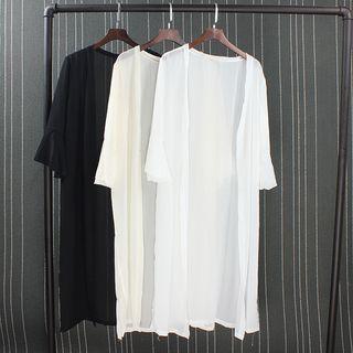 3/4-sleeve Open-front Chiffon Long Jacket