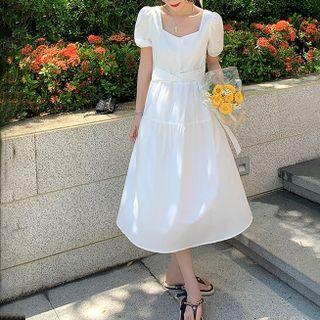 Puff-sleeve Bow Midi A-line Dress / Spaghetti Strap A-line Dress