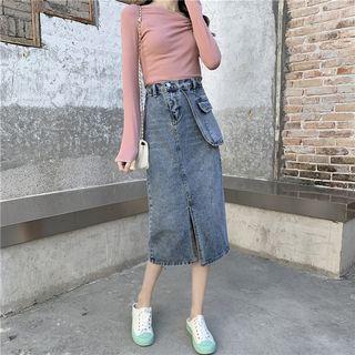 Washed Pocketed A-line Denim Skirt