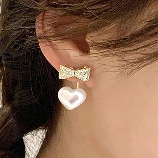 Rhinestone Bow Faux Pearl Heart Dangle Earring 1 Pair - 925 Silver - One Size