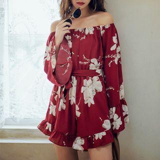 Bell-sleeve Off-shoulder Print Romper