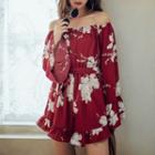 Bell-sleeve Off-shoulder Print Romper
