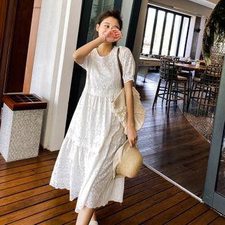 Balloon-sleeve Midi A-line Eyelet Lace Dress