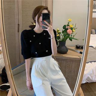 Bead Short-sleeve Top / Straight Leg Pants