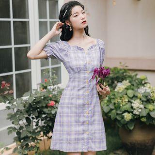Plaid Ruffle Trim Button Mini A-line Dress