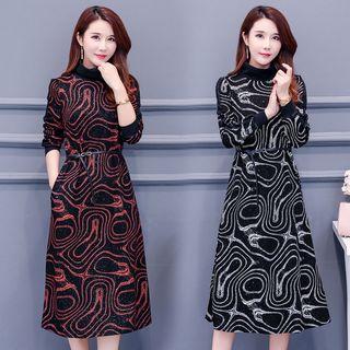 Long-sleeve Pattern A-line Midi Dress