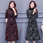 Long-sleeve Pattern A-line Midi Dress