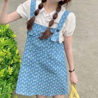 Puff-sleeve Shirt / Denim Mini A-line Overall Dress