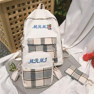Set: Plaid Paneled Embroidered Letter Canvas Backpack + Crossbody Bag