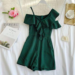 Short-sleeve Cold-shoulder Pinstriped Playsuit