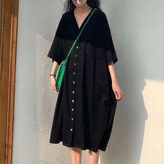 3/4-sleeve Midi Shirt Dress Black - One Size