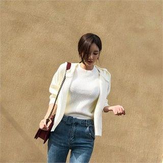 Set: Hooded Open-front Cardigan + Sleeveless Knit Top