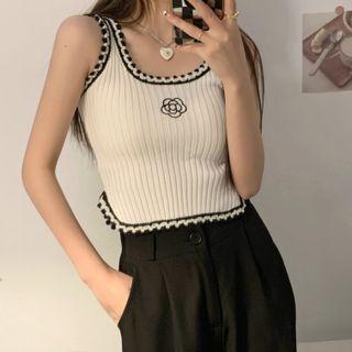 Floral Embroidered Ribbed Tank Top