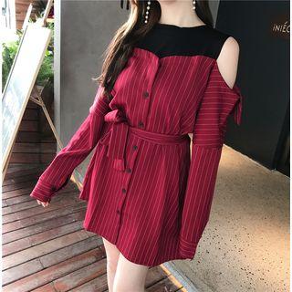 Striped Mock Two-piece Cold-shoulder Shirt With Sash