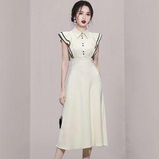 Sleeveless Collar Contrast Trim Midi A-line Dress