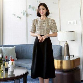 Puff-sleeve Tweed-panel Midi Dress With Belt