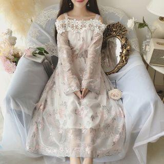 Long-sleeve Cold Shoulder Embroidered Floral Lace A-line Midi Dress