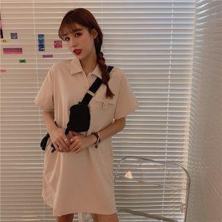 Short-sleeve Henley Mini Shirt Dress Almond - One Size