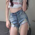 Distressed Denim Shorts / Short-sleeve Print Cropped T-shirt