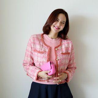 Fringed Tweed Crop Jacket Pink - One Size