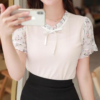 Beribboned Frill-neck Floral-sleeve Top