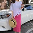 Short-sleeve Asymmetrical T-shirt / Straight Fit Midi Skirt