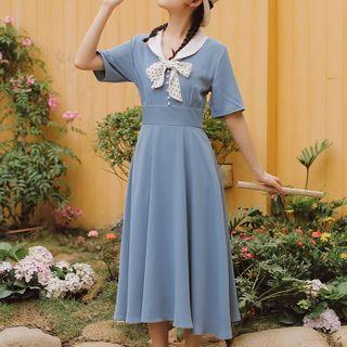 Short-sleeve Dotted Bow Midi A-line Dress