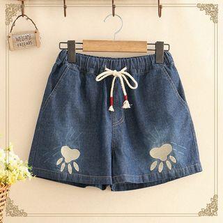 Paw Embroidered Denim Shorts