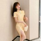 Short-sleeve Plaid Mini Bodycon Qipao Dress