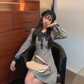 Ribbon Plaid Long-sleeve Mini A-line Dress