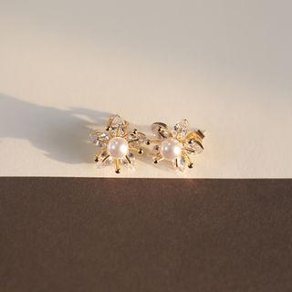 Faux-pearl Rhinestone Earrings Gold - One Size