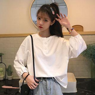 Button-accent Crewneck Puff-sleeve T-shirt