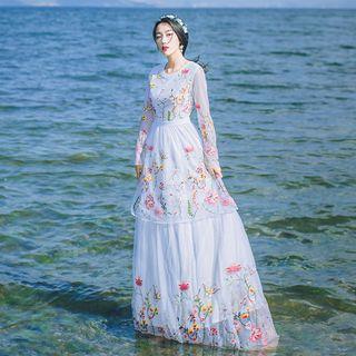 Floral Embroidered Long-sleeved Tie-waist Mesh Sheath Dress