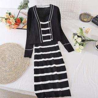 Set Of 2 : Color Block Long-sleeve Cardigan + Striped Spaghetti-strap Dress Black - One Size