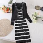 Set Of 2 : Color Block Long-sleeve Cardigan + Striped Spaghetti-strap Dress Black - One Size