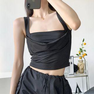 Square-neck Ruched Plain Crop Tank Top
