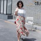 Set: Elbow-sleeve Off Shoulder Top + Floral Midi Skirt