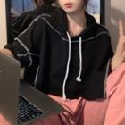 Short-sleeve Hooded Cropped T-shirt Black - One Size
