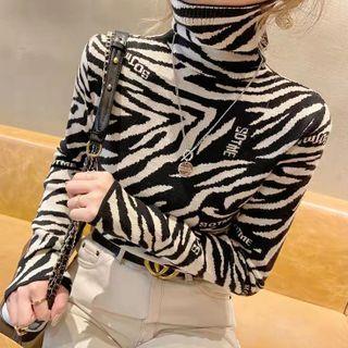 Turtleneck Lettering Zebra Print Knit Top