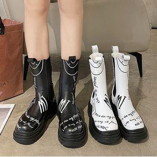 Lettering Faux Leather Platform Mid-calf Boots