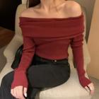 Long-sleeve Off-shoulder Knit Top Wine Red - One Size