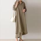 Long-sleeve Plain Midi Shirtdress Almond - One Size