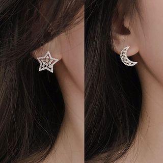 Non-matching Moon & Star Stud Earring S925 Sterling Silver - Star & Moon - One Size