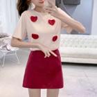 Set: Heart Detail Short-sleeve T-shirt + Mini A-line Skirt
