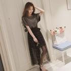 Set: Glitter Short-sleeve T-shirt Dress + Mesh Faux Pearl Midi A-line Skirt