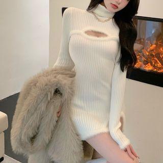 Turtleneck Cut-out Knit Mini Sheath Dress / Fluffy Jacket